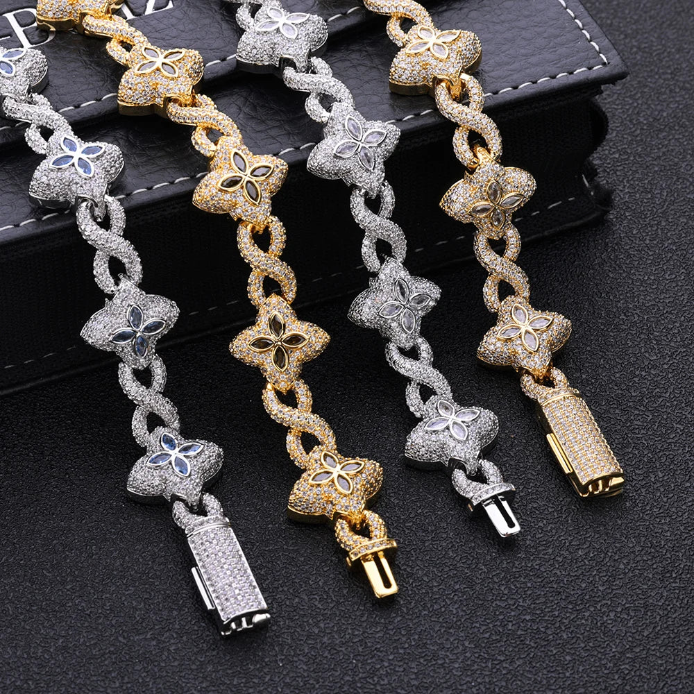 Iced Out Colorful Diamond Cuban Necklace Hip Hop 8mm Infinite Flower Cuban Chain
