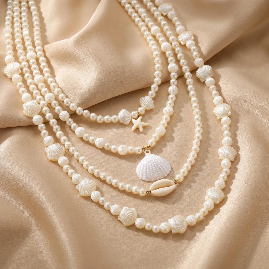 4Pcs/Set Vacation Shell Starfish Faux Pearl Necklace Summer Beach Ocean Theme Boho Layered Choker Jewelry For Women