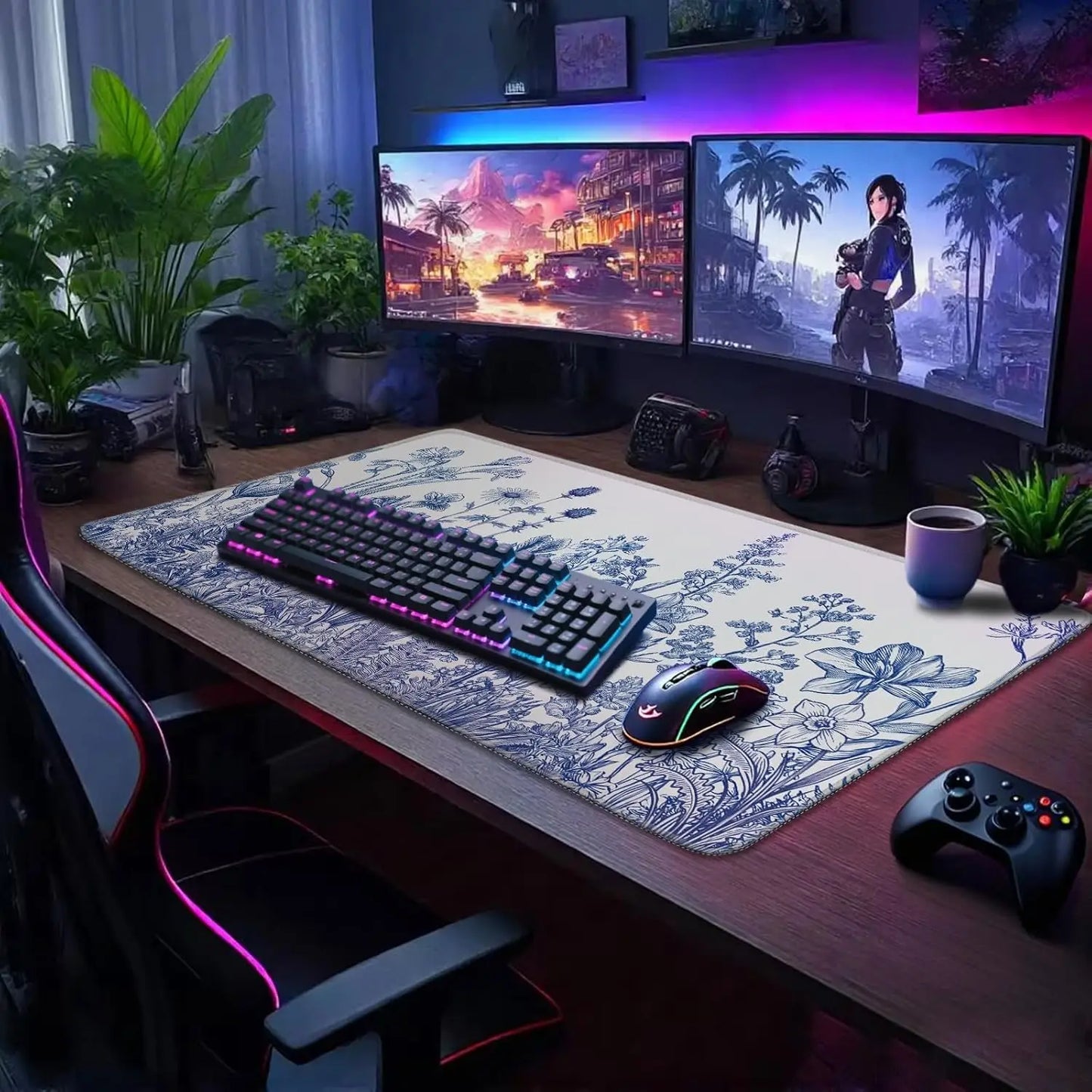 Narcissus Blue Floral Large Gaming Mouse Pad，XXL Desk Mat,Non-Slip Rubber Base Stitched Edges - Waterproo Mousepad for PC/Office