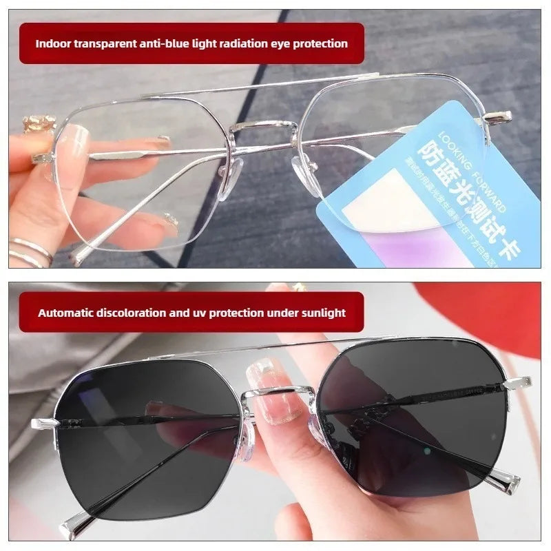 Business Rectangular Half Frame Glasses Photochromic Anti Radiation Eyewear