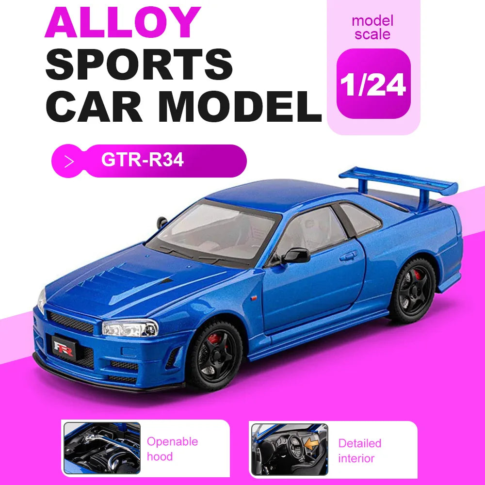1:24 GTR-R34 SKYLINE Diecast Alloy Models Toys Car with Pull Back Doors Opened rubber tires Miniature Sportscar Collecting Hobby