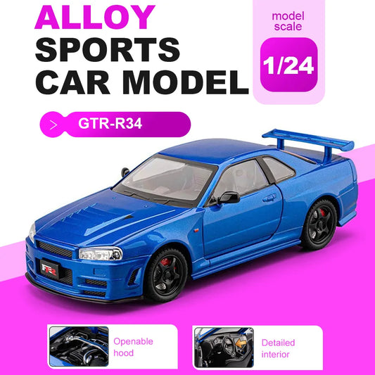 1:24 GTR-R34 SKYLINE Diecast Alloy Models Toys Car with Pull Back Doors Opened rubber tires Miniature Sportscar Collecting Hobby