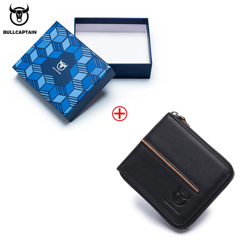 BULLCAPTAIN Genuine Leather Men's Wallet Vintage Zipper with Partition Clip RFID Credit Card Holder Burglar Leather Mini Wallet