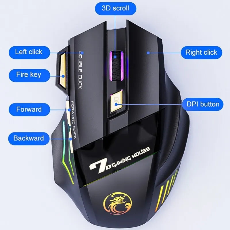 GW-X7 Wireless Gaming Mouse, 3200DPI Bluetooth 7 Buttons, Rechargeable, RGB LED