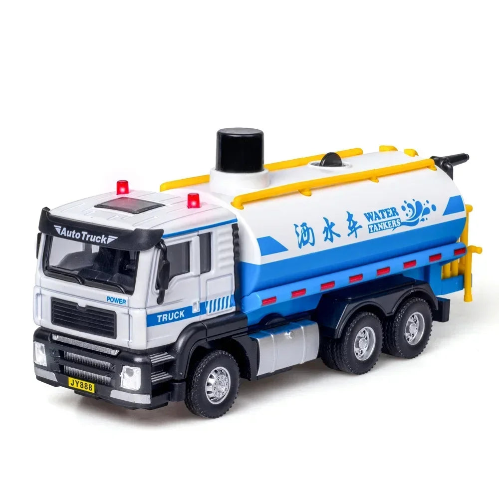 1/50 Sanitation Truck Model Car Toy Alloy Diecast Sprinkler Truck Rubber Tires Sound Light Pull Back Toys Festival Gift for Kids