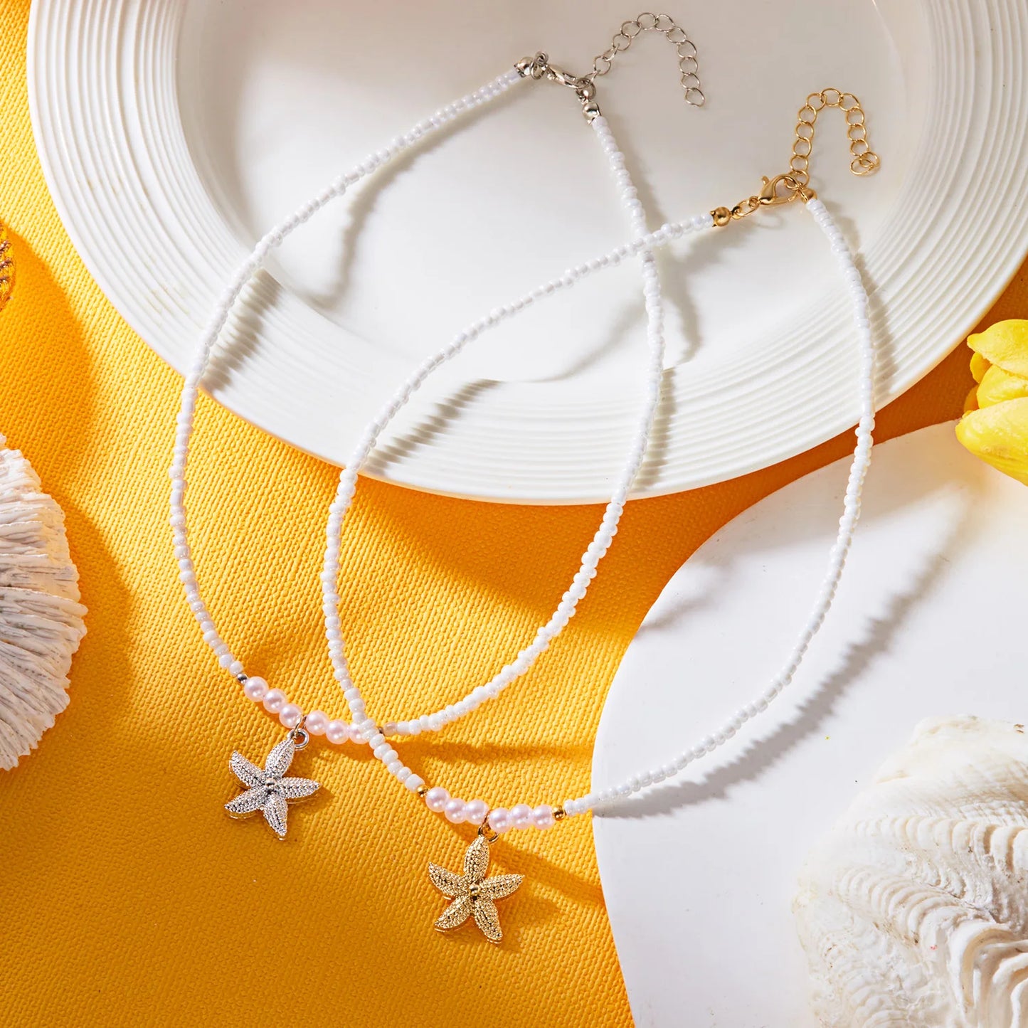 Boho Cute Starfish Shell Rice Beads Necklace for Women Summer Beach Sexy Short Choker Neck Chain Jewelry Vacation Accessories