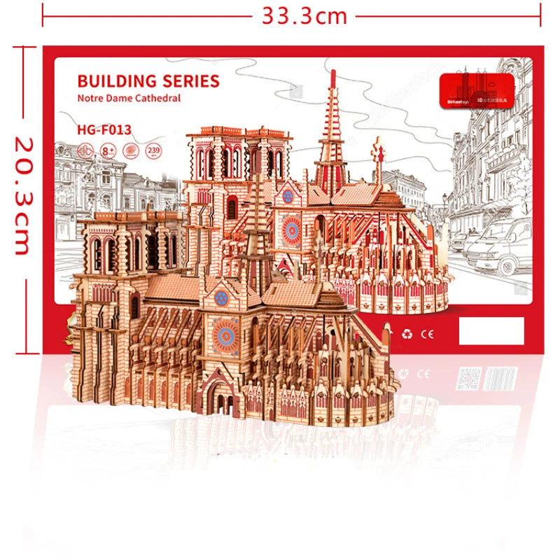 DIY 3D Wooden Puzzle Notre Dame De Paris Dimensional Model Learning Educational Games Toys for Children Architecture Decoration