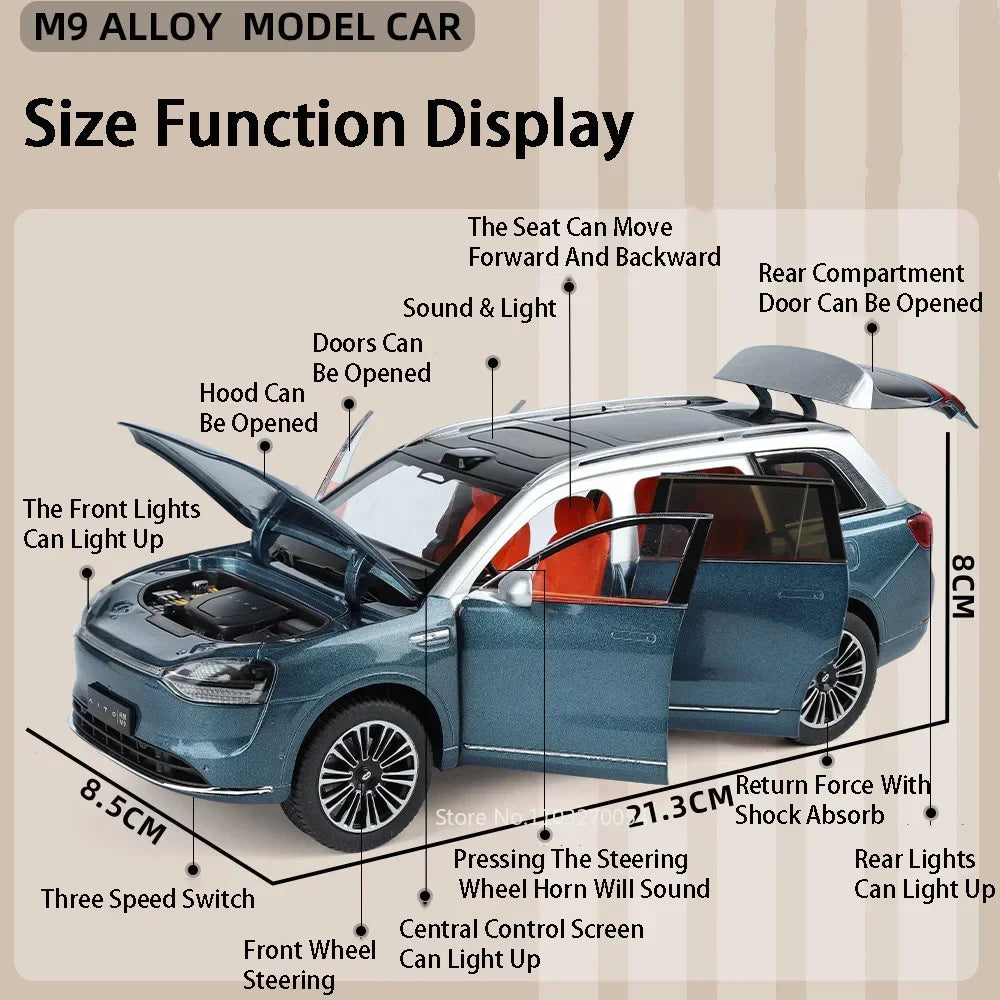 1:24 AITO M9 SUV Model Toys Car Alloy Metal Diecast Sound Light Pull Back 6 Door Opened Rubber Tire Vehicle Collectible Ornament