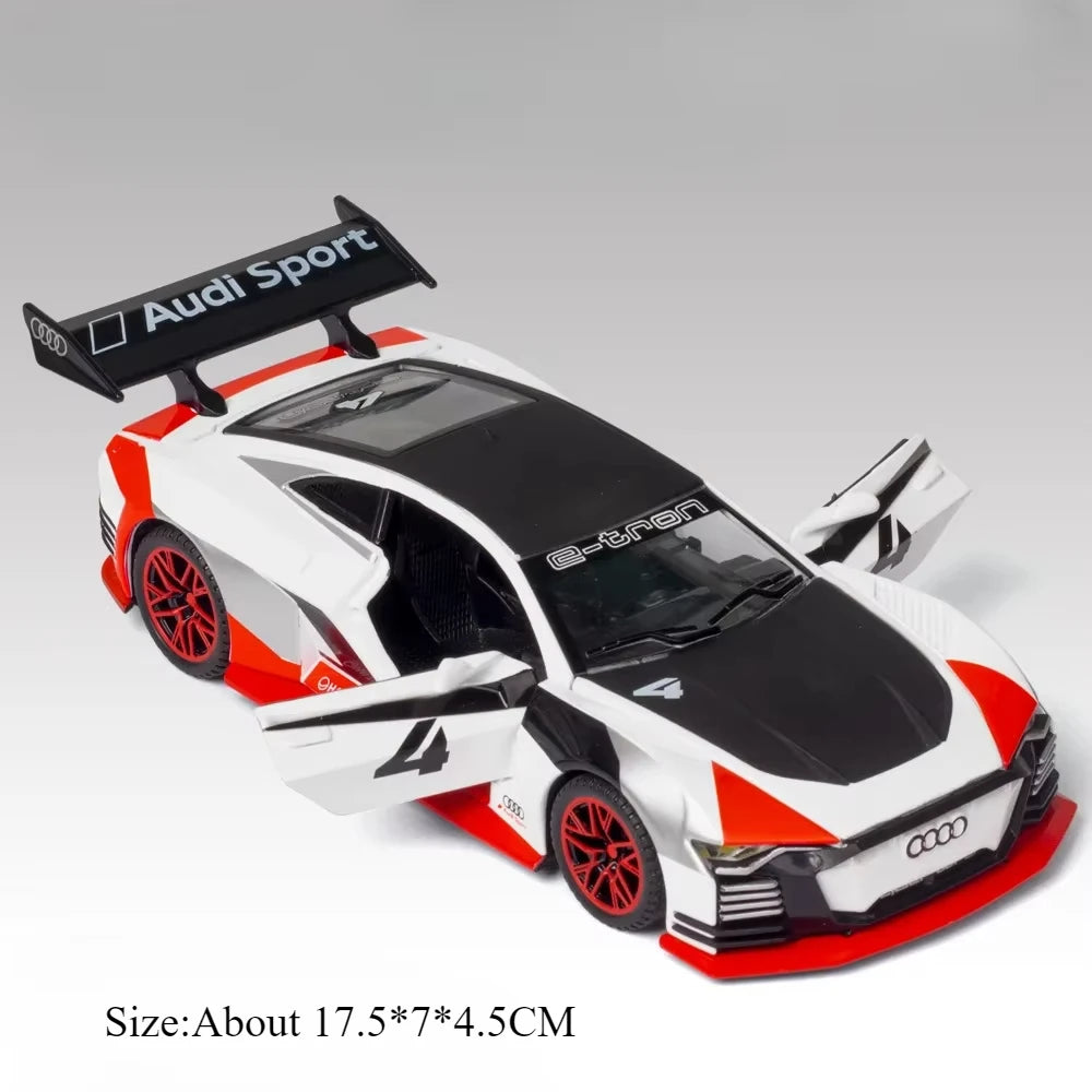 1:32 R8 V10 PLUS E-TRON Car Model Toys Alloy Diecast Vehicles Rubber Tires with Sound Light Pull Back Toy Birthday Gifts for Kid