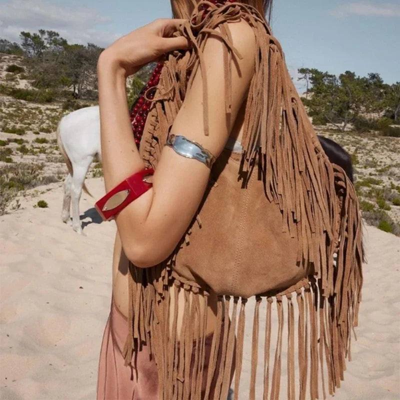Retro Tassel Women Armpit Bag Suede Design Dumpling Shoulder Bag Western Cowboy