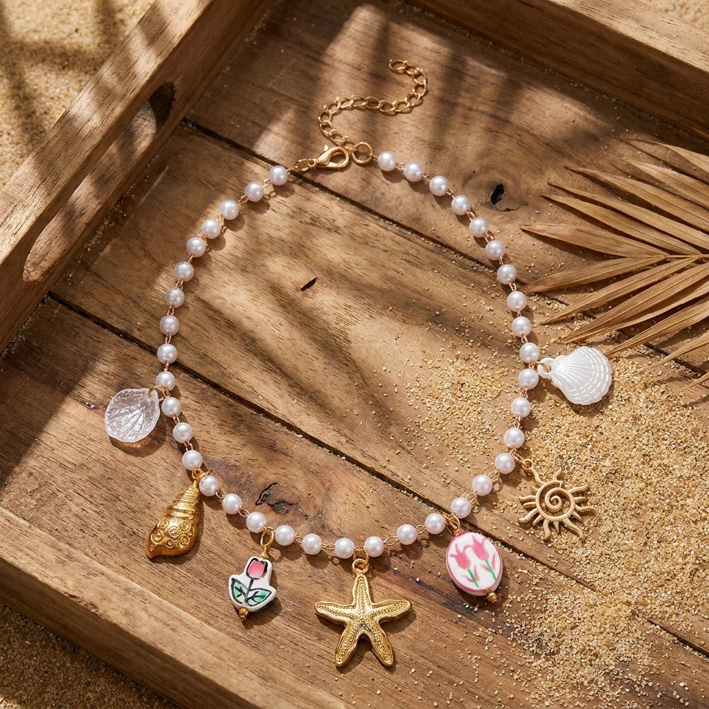 Boho Beach Faux Pearl Choker for Women Gold Color Starfish Conch Sun Charm Summer Vacation Swimwear Jewelry