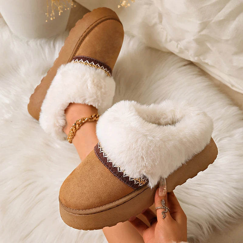 Fluffy Fur Platform Snow Boots Women Plus Size 42 Non Slip Fleece Inside Warm Winter Boots Woman Thick Sole Long Plush Slippers