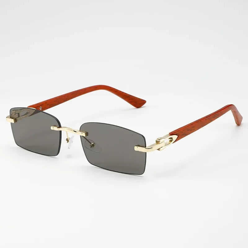 Fashionable Frameless Sunglasses with Ocean Panels, Trimmed Wood Grain, Leg Frames, Retro Men's and Women's Sunglasses