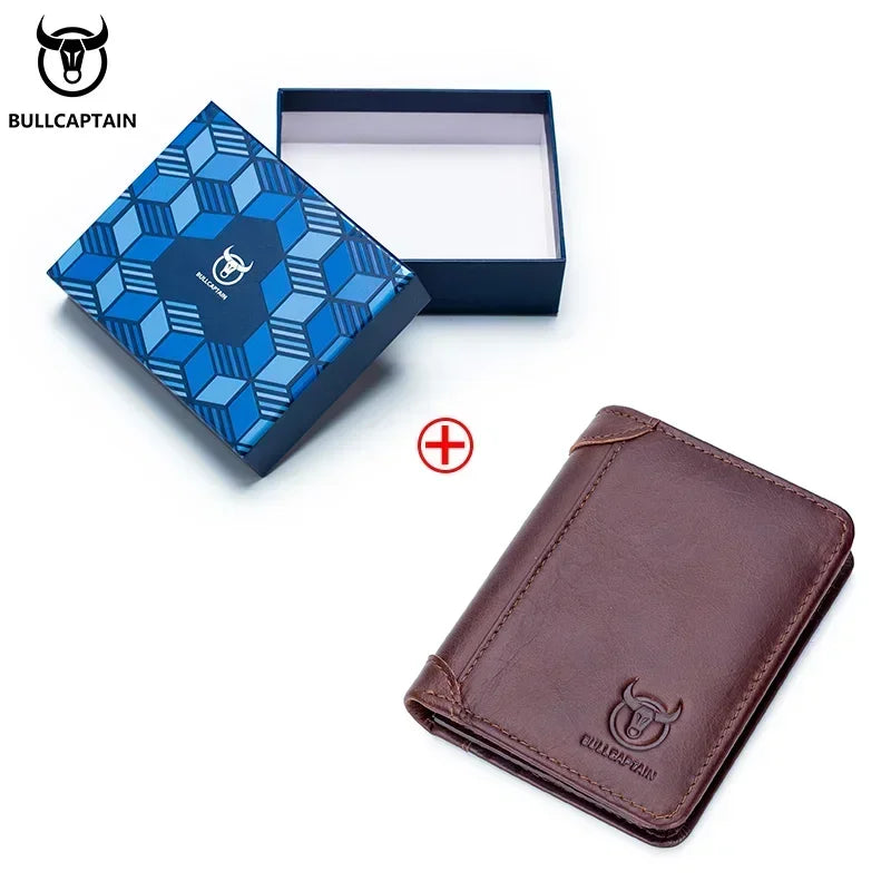Bullcaptain RFID Leather Men's Wallet with Coin Purse Retro Fashion Men's Wallet Features Brown Short Wallet Card Holder Clutch