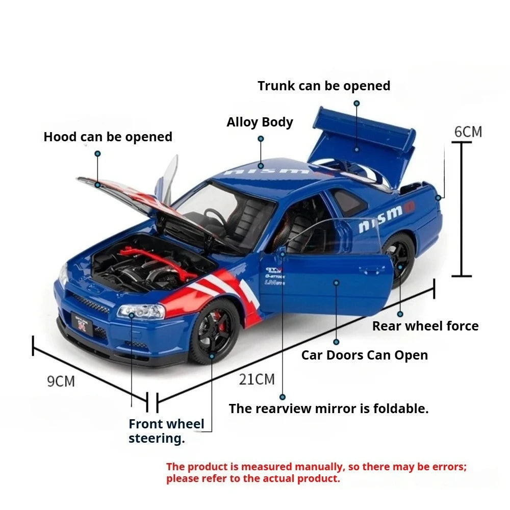 1:24 GTR-R34 SKYLINE Diecast Alloy Models Toys Car with Pull Back Doors Opened rubber tires Miniature Sportscar Collecting Hobby