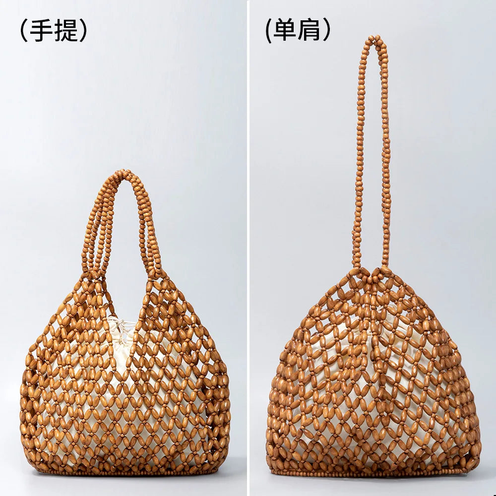 Simple Casual Handwoven Wooden Bead Handheld Women's Shoulder Bags Bucket Bag