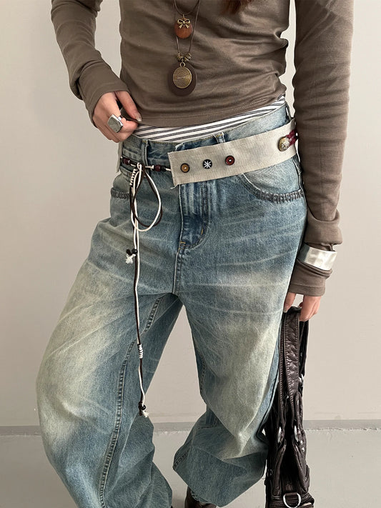 New Niche Star Button Color Splicing Waistband Belt With A Bow Tie Belt Unique Fashion