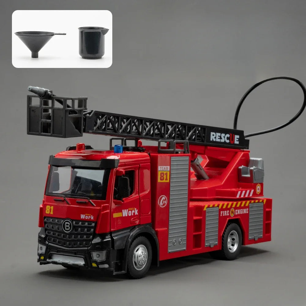 1:18 Water Tanker Alloy Ladder Fire Truck Model Toys Car Diecast Metal Engineering Vehicle Doors Opened Sound Light Toy Boy Gift