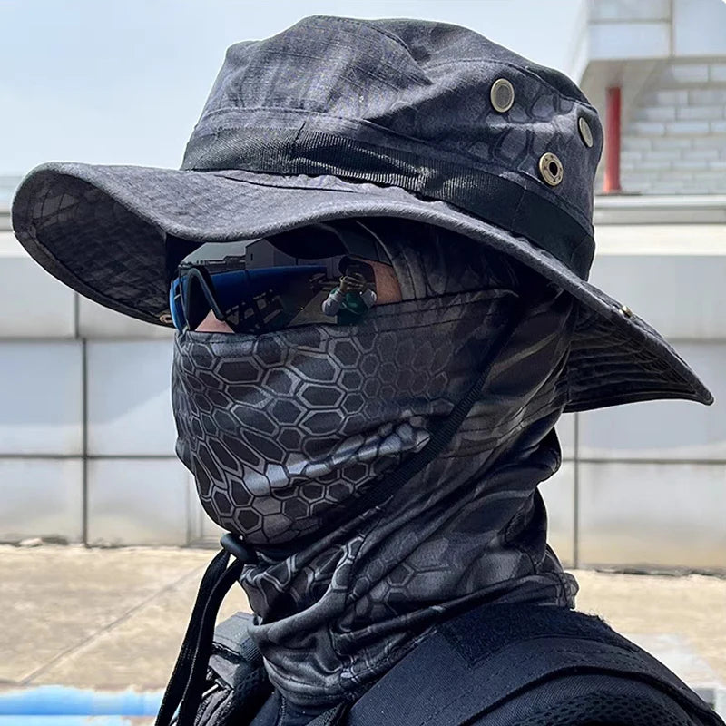 2Pcs Wide Brim Hat & Balaclava Set Men Outdoor Sun Boonie Cap Hiking Fishing Hat