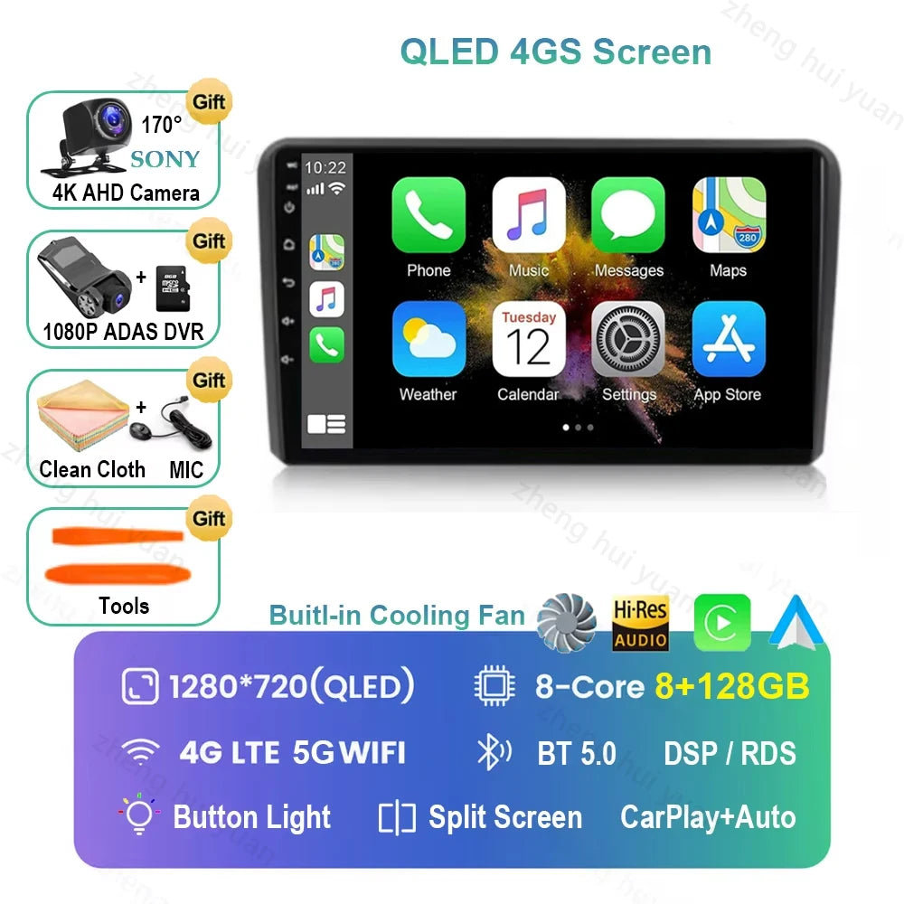 For Audi A3 8P 2003 2004 - 2013 Android 16 GPS WIFI 4G Carplay&Auto Car Radio Navigation QLED Multimedia Stereo Player BT