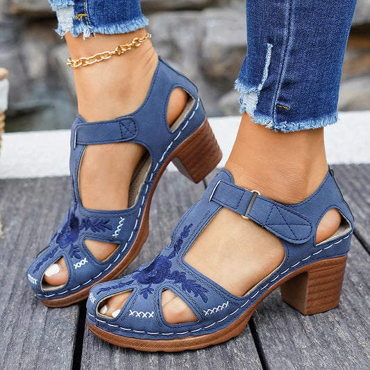 Summer Closed Toe High Heel Sandals Women 2026 Vintage Embroidery Platform Sandles Woman Plus Size Thick Heels Casual Sandalias