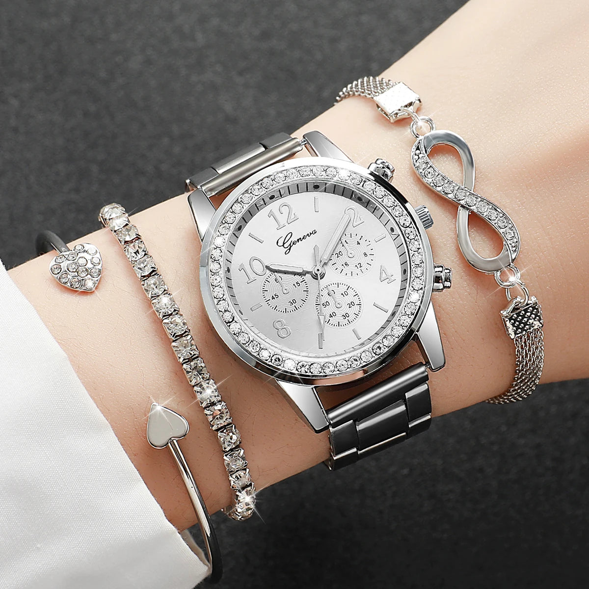 4PCS/Set  Women's Watches Luxury Steel Band Quartz Watch Bracelets Set w/o Box