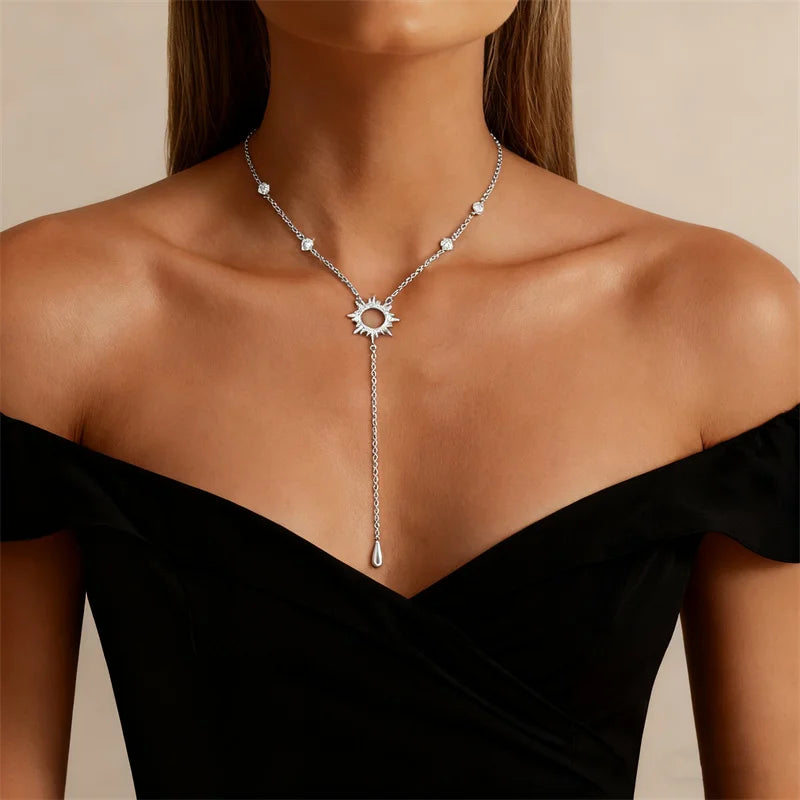 Fashion Gold Color Y-Shaped Pendant Necklaces For Women Luxury Zirconia Sun Geometric Long Tassel Choker Jewelry Birthday Gifts