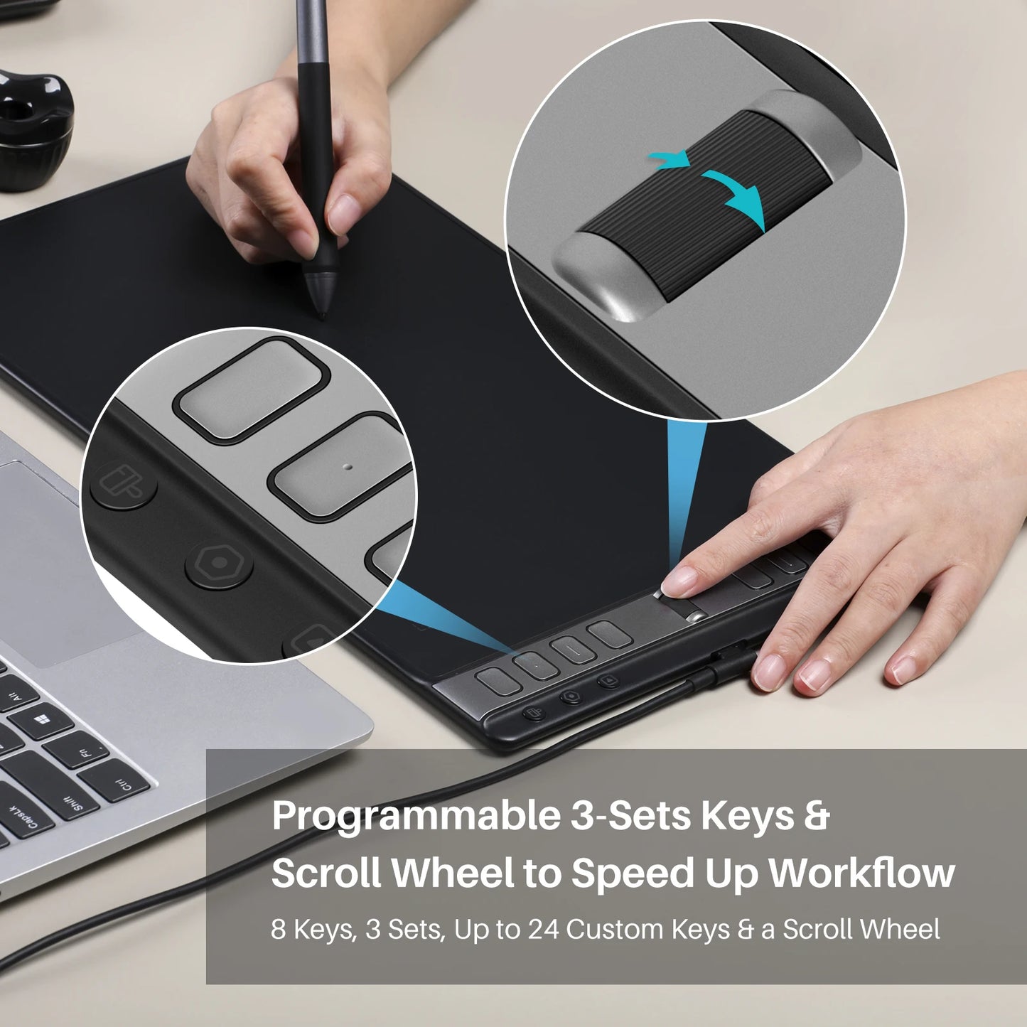 Inspiroy 2L H1061P Design Tablet, Scroll Wheel Customized Keys, Battery-Free Pen