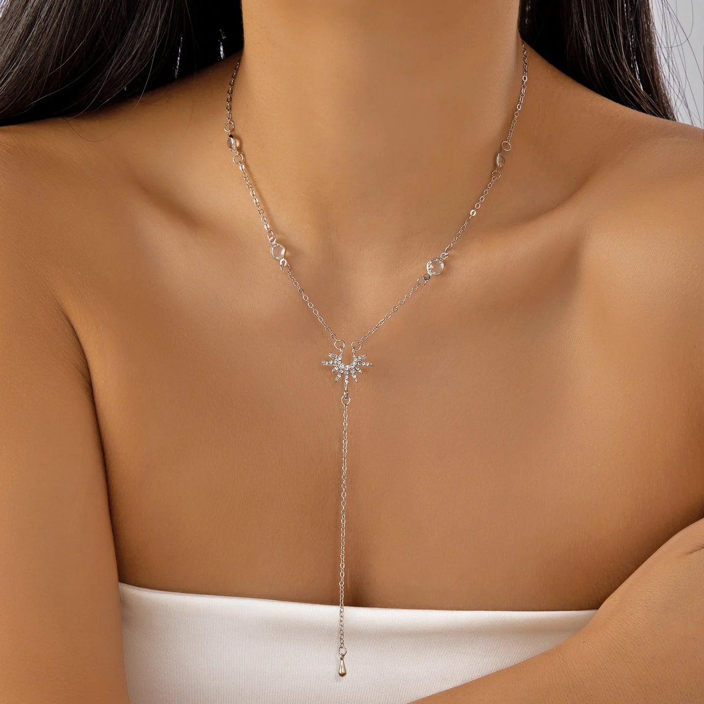 Fashion Gold Color Y-Shaped Pendant Necklaces For Women Luxury Zirconia Sun Geometric Long Tassel Choker Jewelry Birthday Gifts