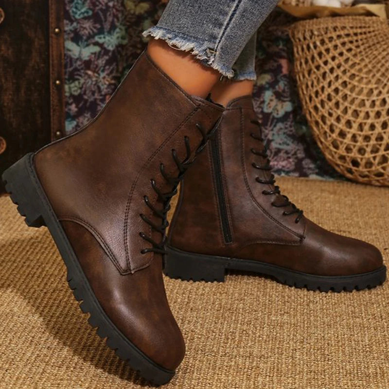 British Solid Zip Ankle Boots for Woman Autumn Winter Round Toe Lace-Up Short Boots Women Pu Leather Shoes Boties Lady