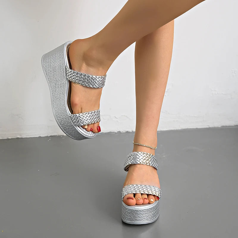 Silver Chunky Platform Slippers for Women 2026 Summer Thick Bottom Wedges Sandals Woman Plus Size 45 Woven Beach Sandles Female