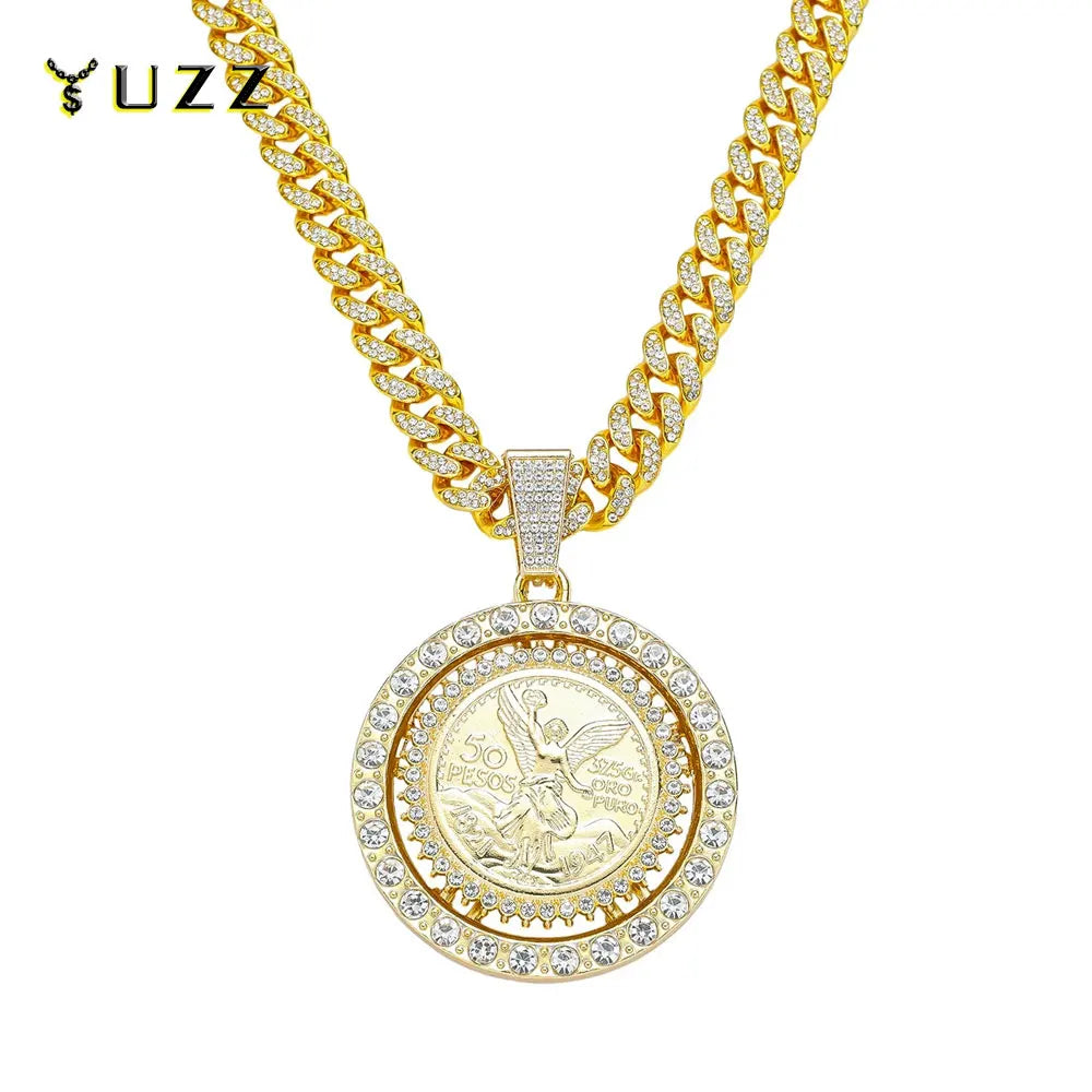 Men Hip hop Iced out Bling Rotatable Rotundity Medal Pendant Necklace 13mm Cuban Chain Hiphop Necklaces Fashion Charm Jewelry