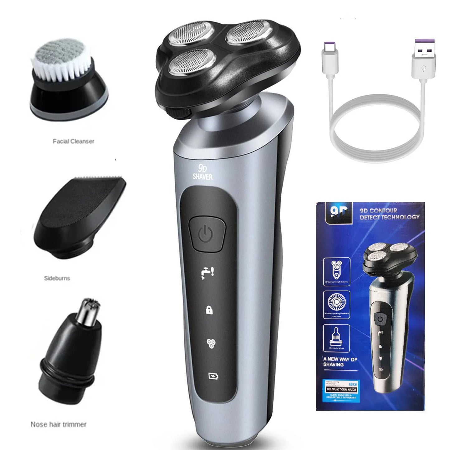9D Men Electric Razor Face Shaver USB Full Wash Beard Knife Rechargeable Trimmer