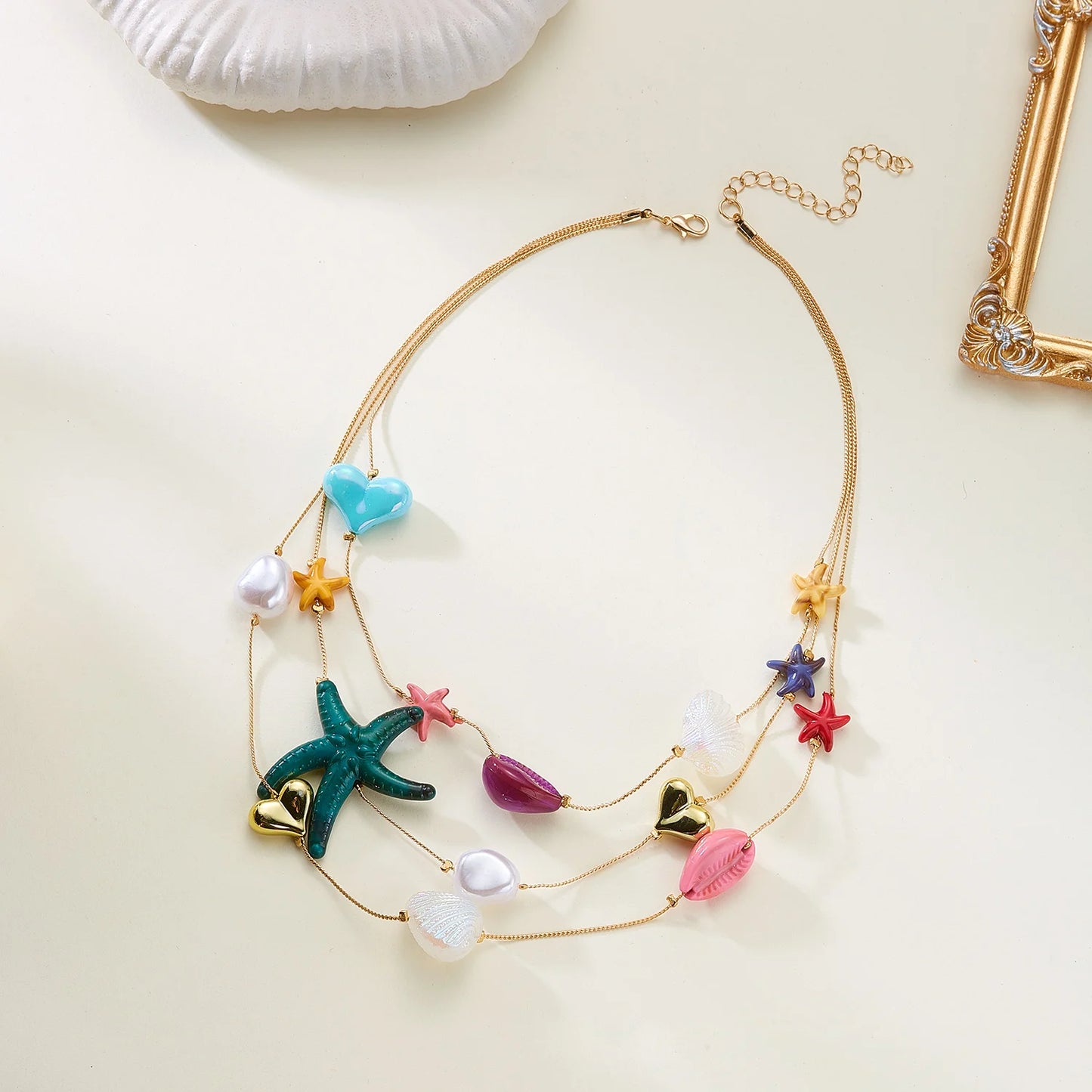 Boho Tropical Beach 3 Layer Necklace for Women Gold Color Colorful Resin Starfish Heart Shell Summer Vacation Jewelry