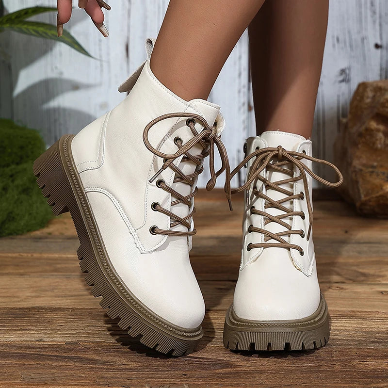 2025 Lace Up Platform Ankle Boots for Women Autumn Winter Warm Plush Short Booties Mujer Plus Size Thick Sole Motorcycle Boots