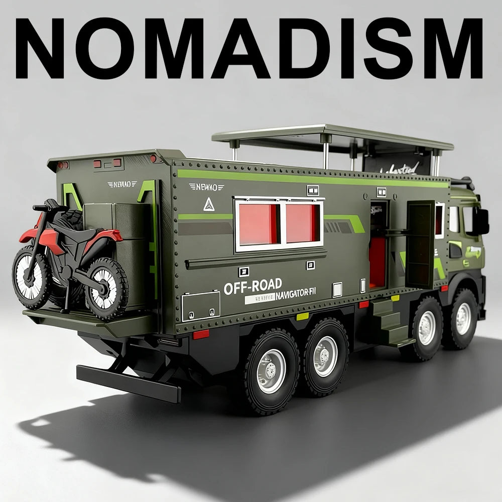 1:18 NOMADISM Alloy Diecast Travel RV Model Toys Car Doors Opened with Sound Light Wheel Sliding Vehices Boy Collecting Hobbies