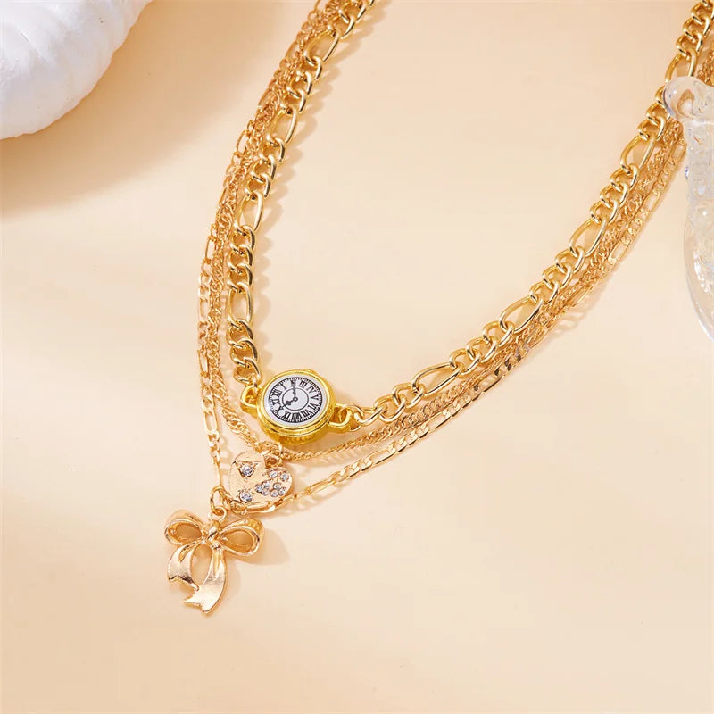 Vintage Punk Gold Plated Thick Chain Bow Heart Pendant Necklace For Women Fashion Multilyer Geometric Neck Chain Hip Hop Jewelry