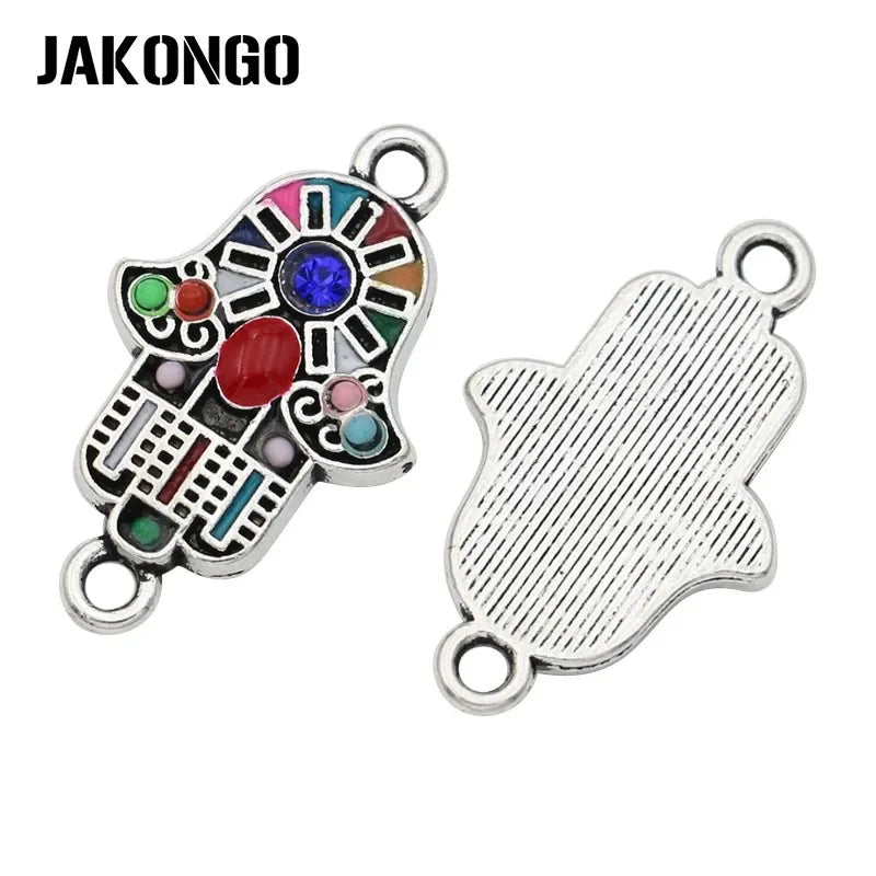 10Pcs Silver Plated Colorful Crystal Fatima Hand Connectors for Jewelry Making Bracelet Accessories DIY Craft 24x14mm