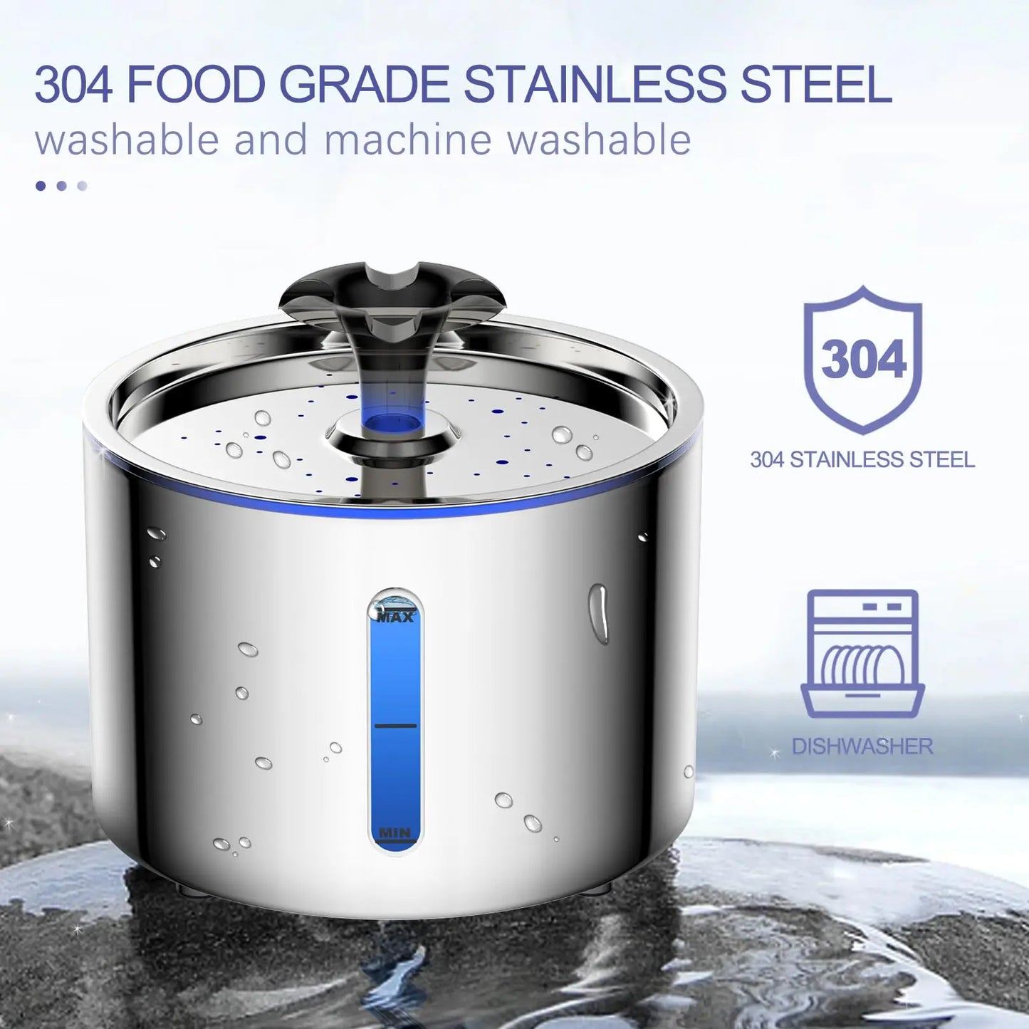 2.5L Stainless Steel Automatic Cat Water Fountain Auto Power-off Fountain W/LED