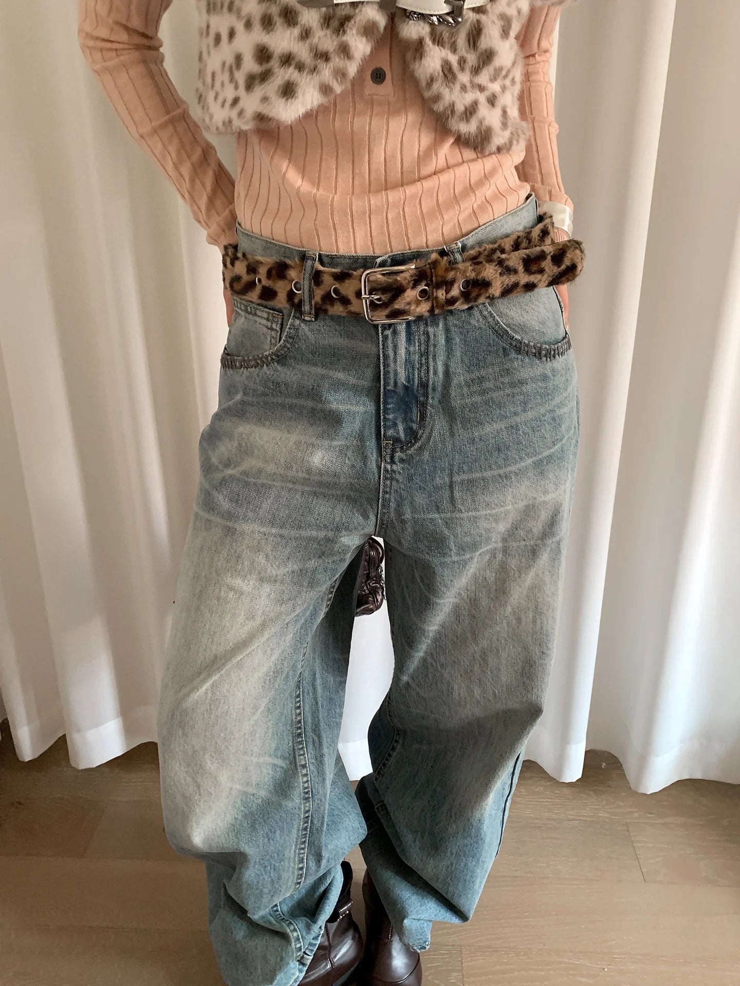 American Sexy Girl Style Pink Leopard Print Belt For Women With Skirt Jeans With Decoration Fluffy Waist Belt