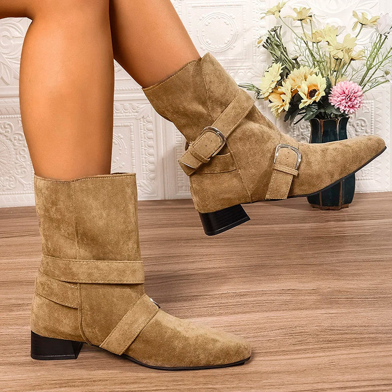 Fashion Buckle Belt Decor Thick Heels Ankle Boots Women Autumn Winter Pointed Toe Riding Boots Woman Slip On Faux Suede Booties