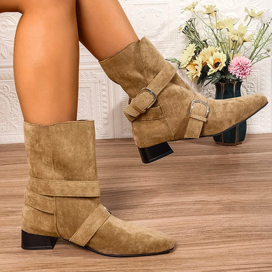 Fashion Buckle Belt Decor Thick Heels Ankle Boots Women Autumn Winter Pointed Toe Riding Boots Woman Slip On Faux Suede Booties