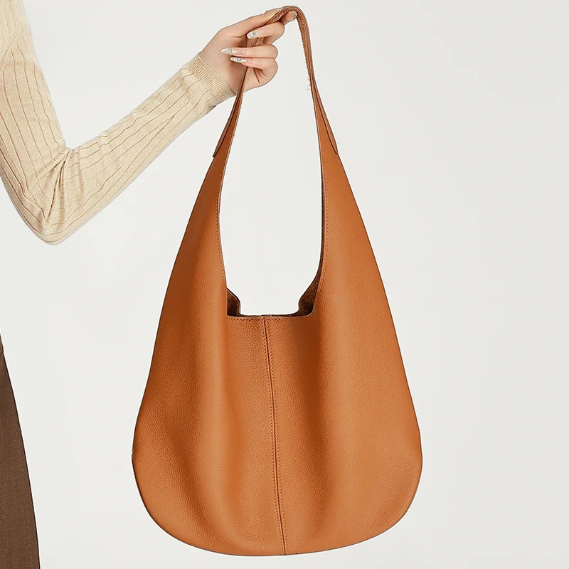 Genuine Cowhide Leather Slouchy Hobo Shoulder Bag for Women Pebbled Leather Large Capacity Everyday Tote Bag Daily Underarm Bags