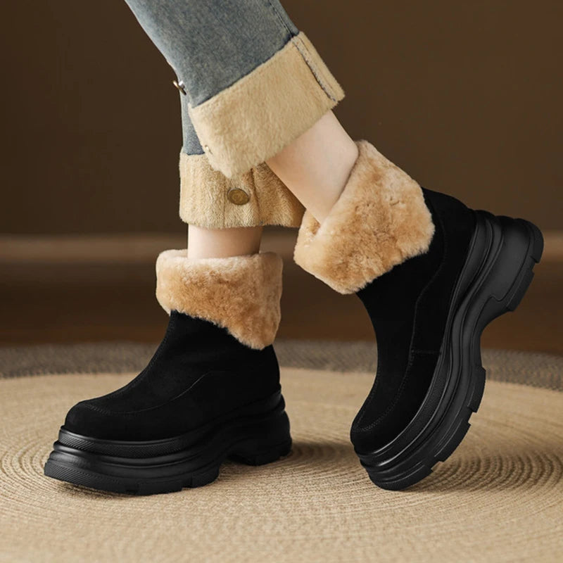 Fashion Faux Fur Platform Ankle Boots Women Back Zipper Warm Long Plush Winter Boots Woman Faux Suede Non Slip Short Booties