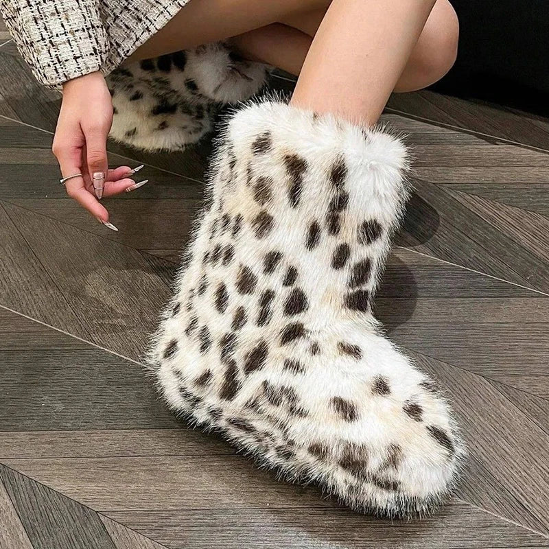Fashion Leopard Fuzzy Faux Fur Snow Boots Women 2025 Slip On Anti Slip Winter Boots Woman Thick Sole Warm Plush Short Booties