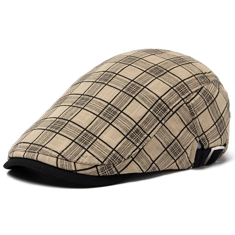CNTANG New Summer Thin Beret Fashion Men Vintage Plaid Cotton Linen Visor Flat Caps For Women Berets Boina Casual Female