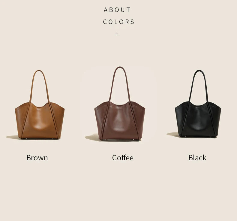 Women's Genuine Leather Solid Color Tote Bag Large Capacity Shoulder Bag for Daily Life Trendy Versatile All-match Commuting Bag