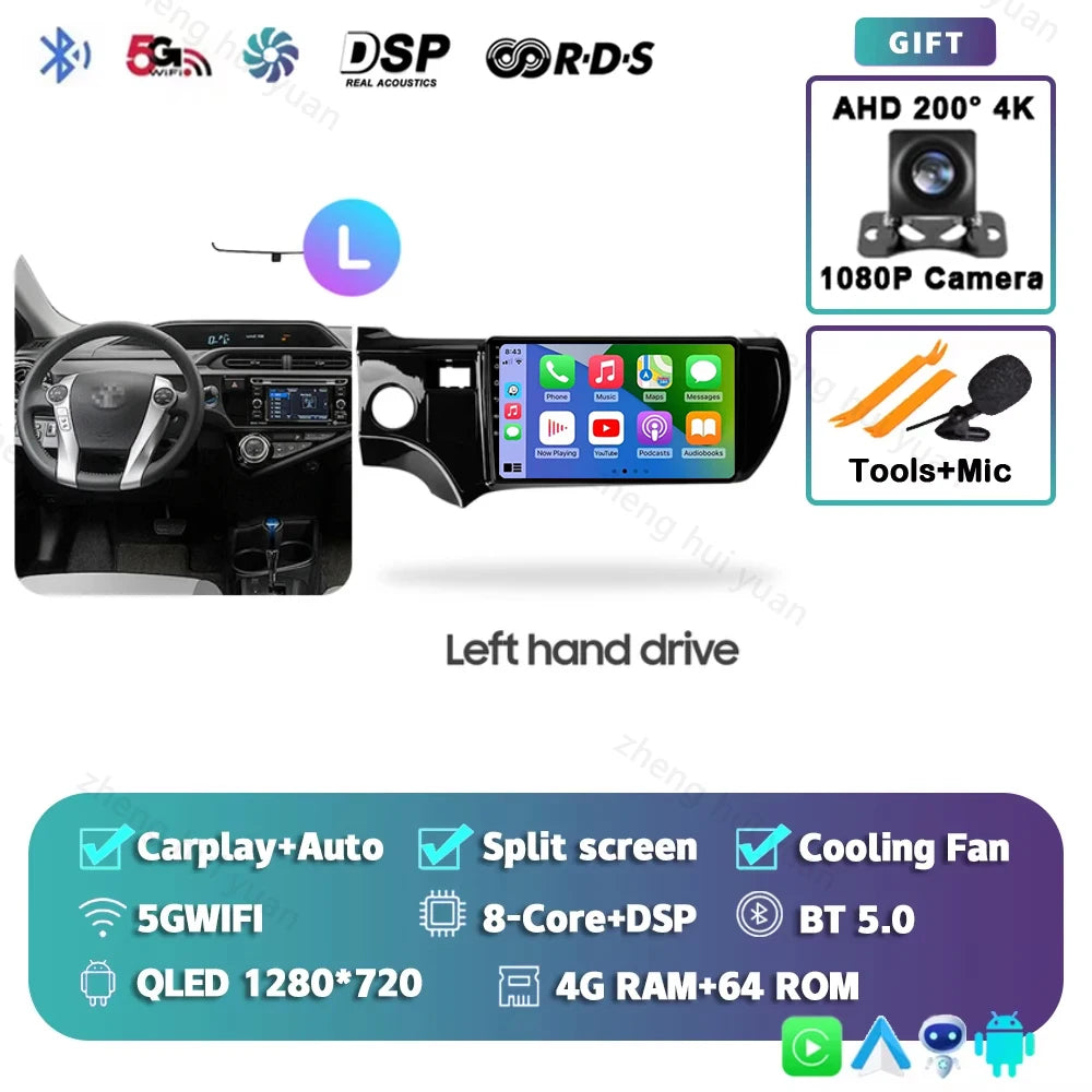 Android 15 CarPlay Auto For Toyota Aqua LHD RHD 2011 - 2017 Car Radio Multimedia navigation video DVD Autoradio Stereo 2din 4G