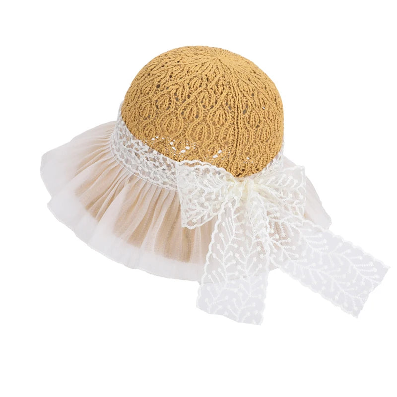 6179-New summer women's sheer breathable sun hat with children's lace ribbons and bow at the brim, fisherman style hat