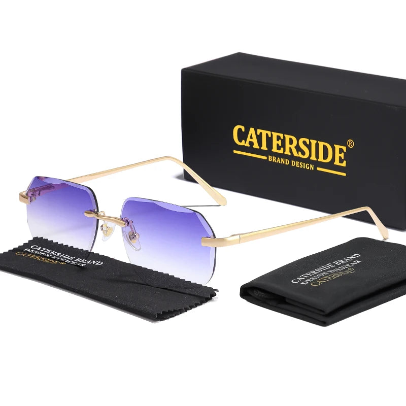 CATERSIDE Vintage Frameless Men's Sunglasses with Design Sense Lenses Metal Temple Sunglasses Women's Party Travel Sunglasses